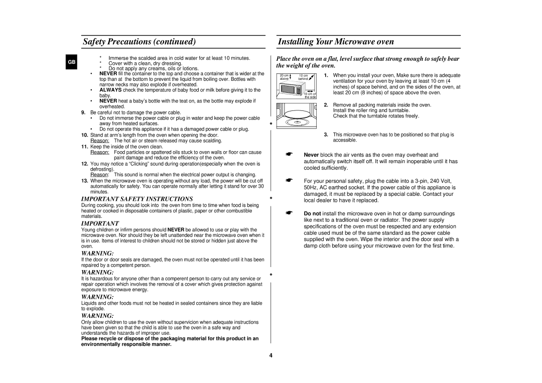 Samsung M187AST/XEG manual Installing Your Microwave oven 