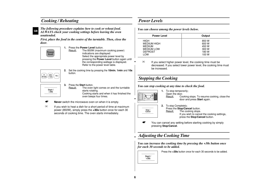 Samsung M187AST/XEG manual Cooking / Reheating, Power Levels, Stopping the Cooking, Adjusting the Cooking Time 