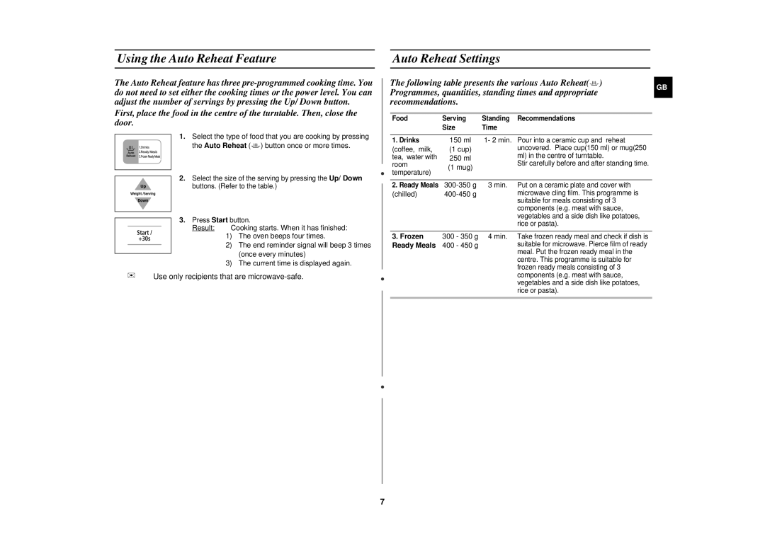 Samsung M187AST/XEG manual Using the Auto Reheat Feature, Auto Reheat Settings, Frozen, Ready Meals 