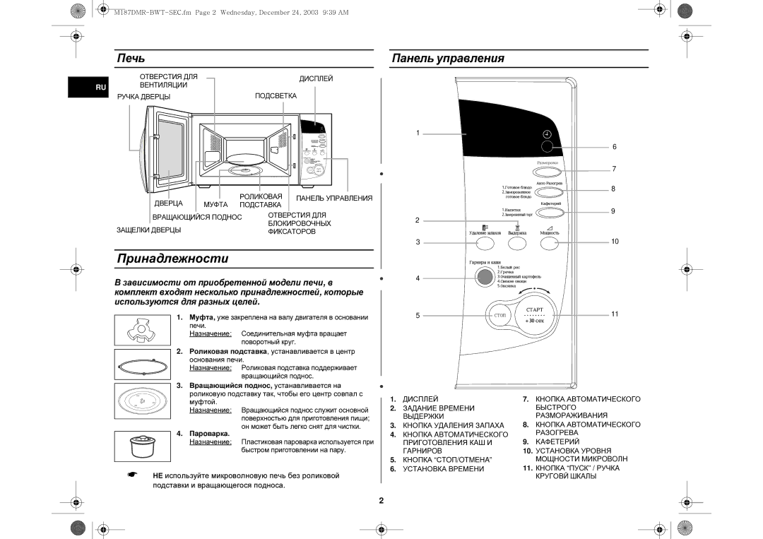 Samsung M187DMR/BWT Принадлежности, Печь Панель управления, Роликовая подставка, устанавливается в центр Основания печи 