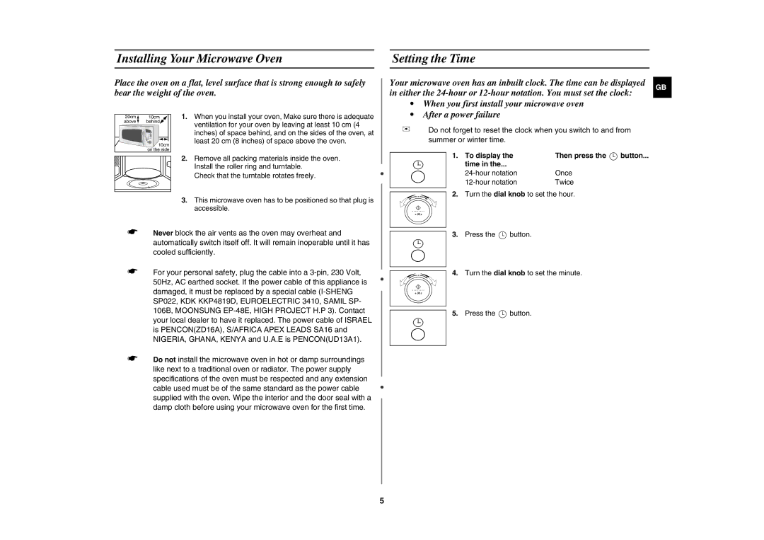 Samsung M187DN-1/BOL, M187DN/BOL, M187DN/GEN manual Installing Your Microwave Oven Setting the Time, To display Then press 