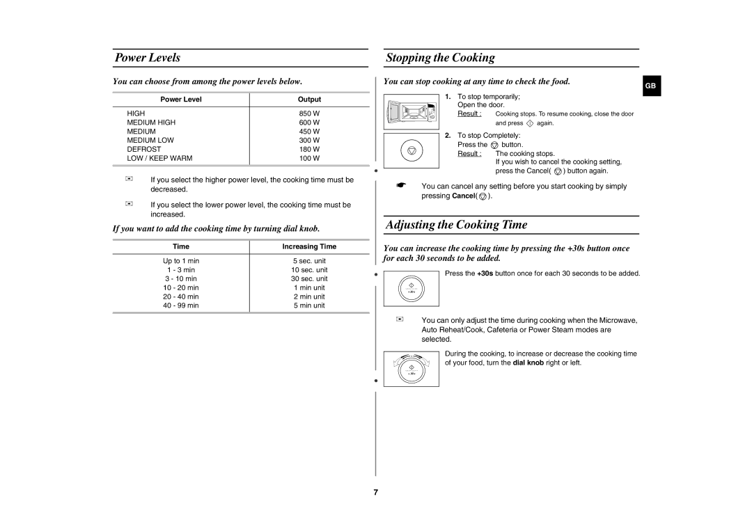 Samsung M187DN/GEN, M187DN-1/BOL, M187DN/BOL, M187DN/LIB manual Power Levels, Stopping the Cooking, Adjusting the Cooking Time 