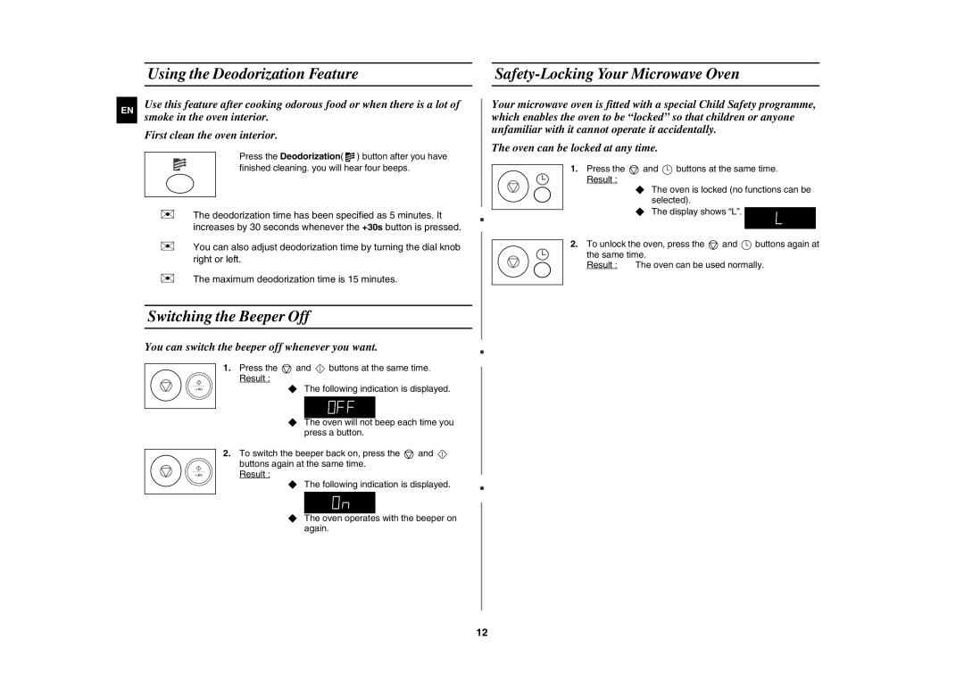 Samsung M187DN-1S/XEH manual Using the Deodorization Feature, Switching the Beeper Off, Safety-Locking Your Microwave Oven 