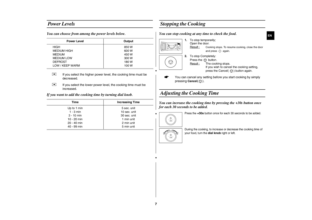 Samsung M187DN-1S/XEH manual Power Levels, Stopping the Cooking, Adjusting the Cooking Time, Power Level Output 