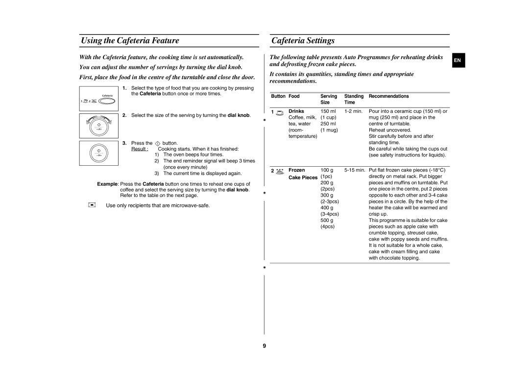 Samsung M187DN-1S/XEH manual Using the Cafeteria Feature, Cafeteria Settings, Drinks, Frozen, Cake Pieces 