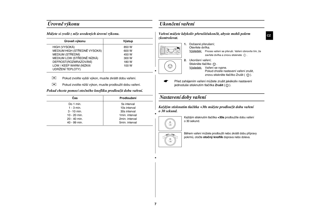 Samsung M187DN-1S/XEH manual Úrovně výkonu, Ukončení vaření, Nastavení doby vaření 