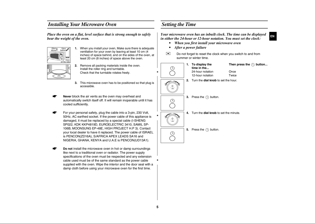 Samsung M187DN-1S/XEH manual Installing Your Microwave Oven Setting the Time, To display Then press 