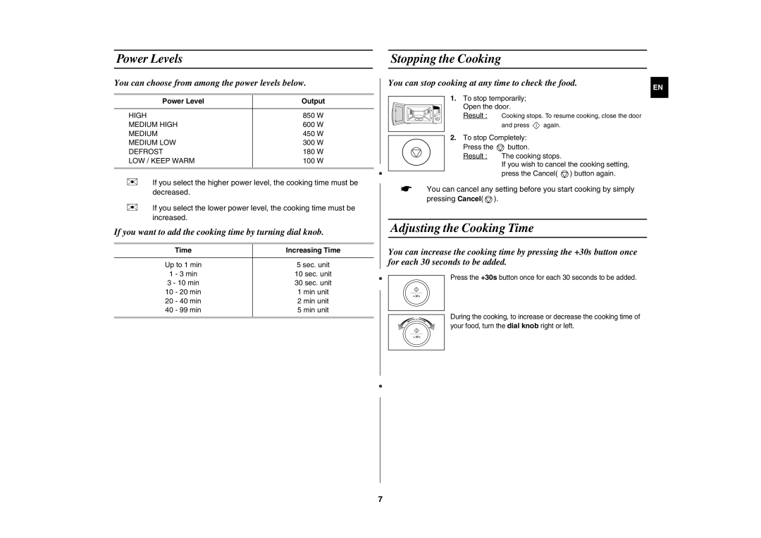 Samsung M187DN-1S/XEH manual Power Levels, Stopping the Cooking, Adjusting the Cooking Time, Power Level Output 