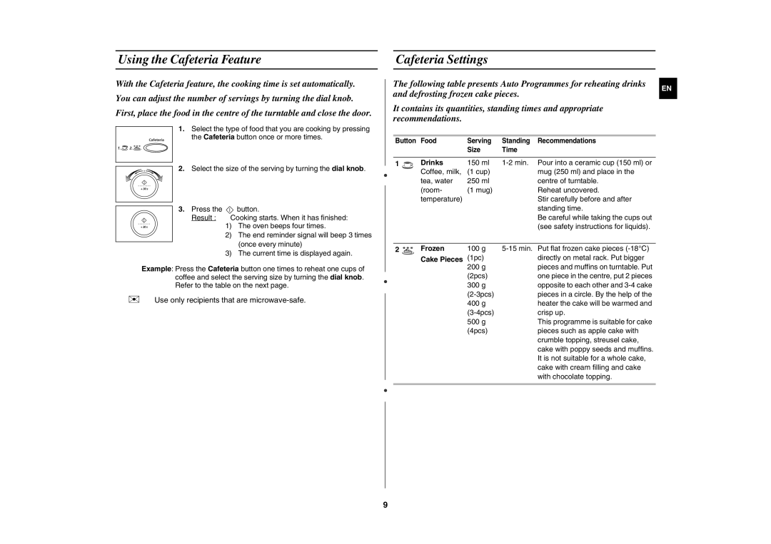 Samsung M187DN-1S/XEH manual Using the Cafeteria Feature, Cafeteria Settings, Drinks, Frozen, Cake Pieces 