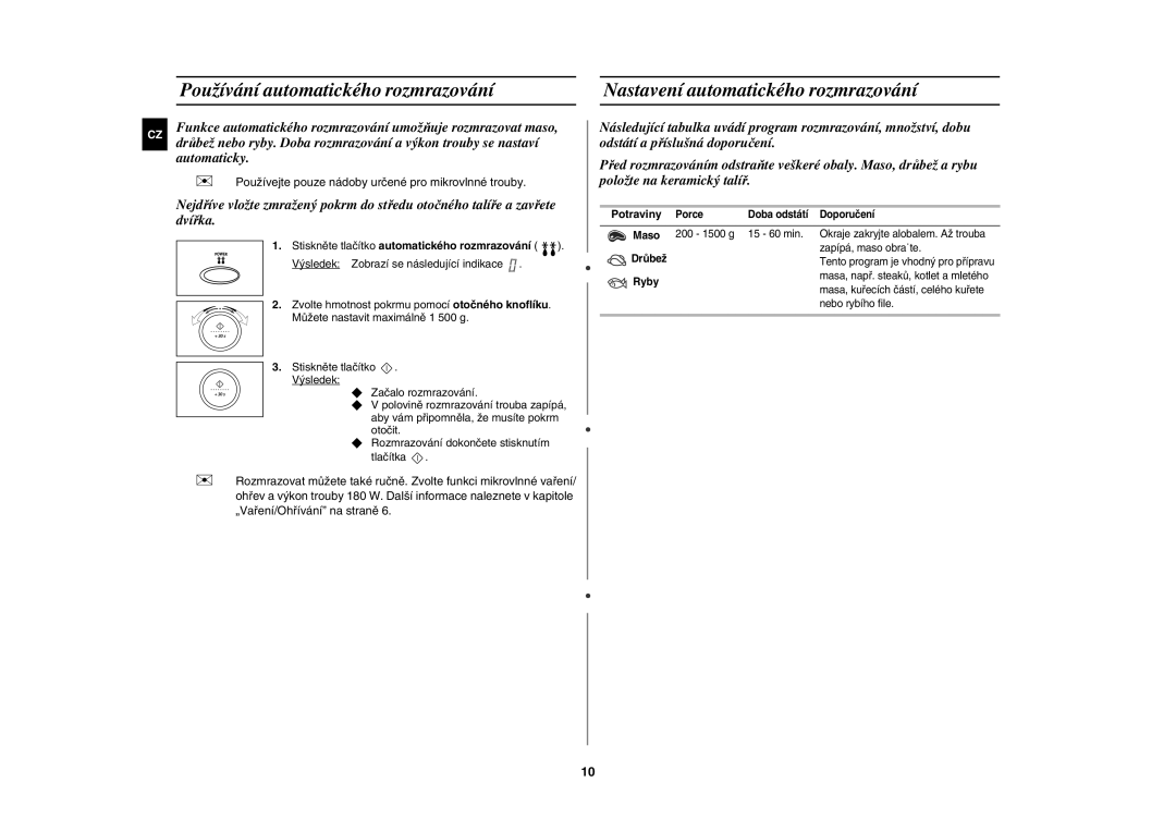 Samsung M187DN-1S/XEH manual Používání automatického rozmrazování, Nastavení automatického rozmrazování, Potraviny 