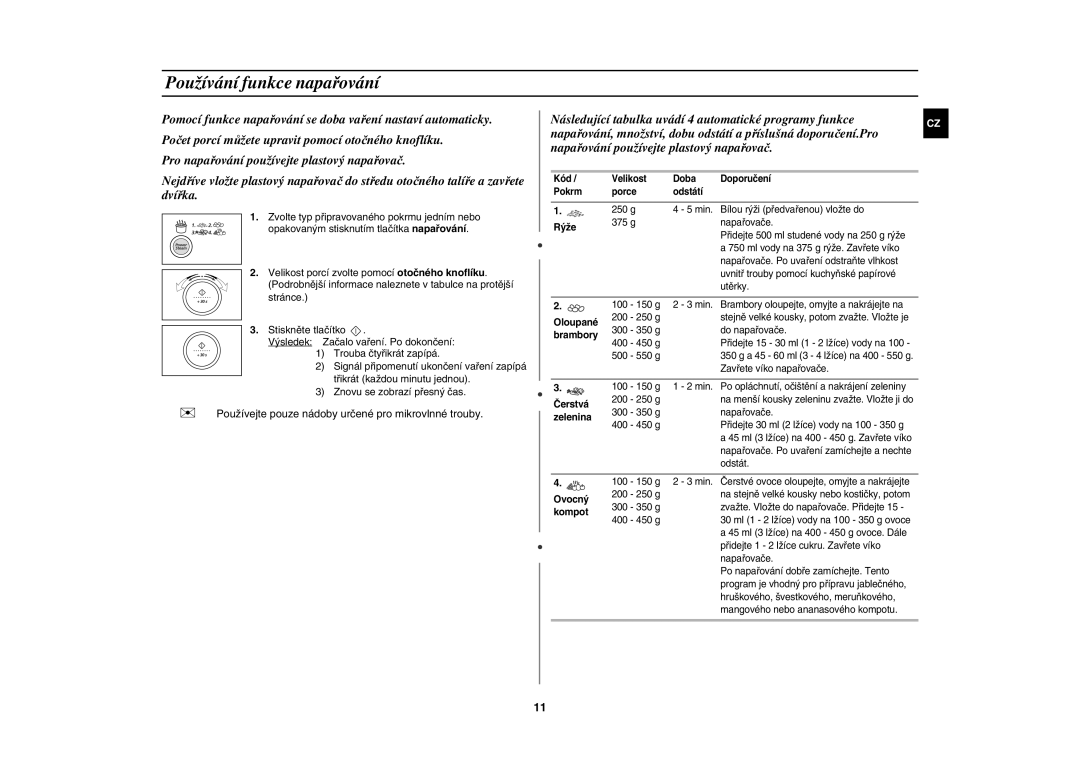 Samsung M187DN-1S/XEH manual Používání funkce napařování, Rýže 