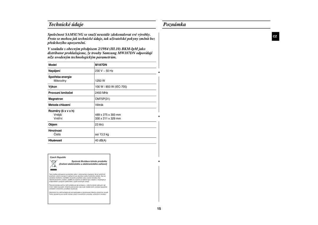 Samsung M187DN-1S/XEH manual Technické údaje Poznámka 