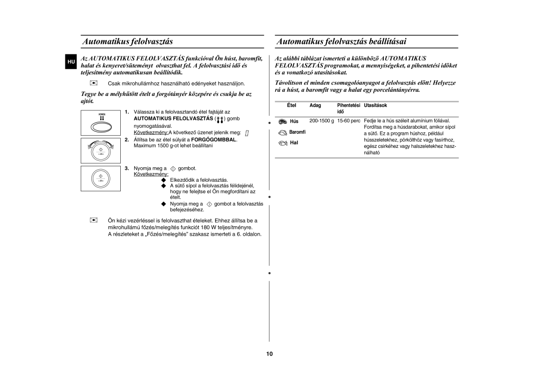 Samsung M187DN-1S/XEH manual  Csak mikrohullámhoz használható edényeket használjon, Étel, Hal 