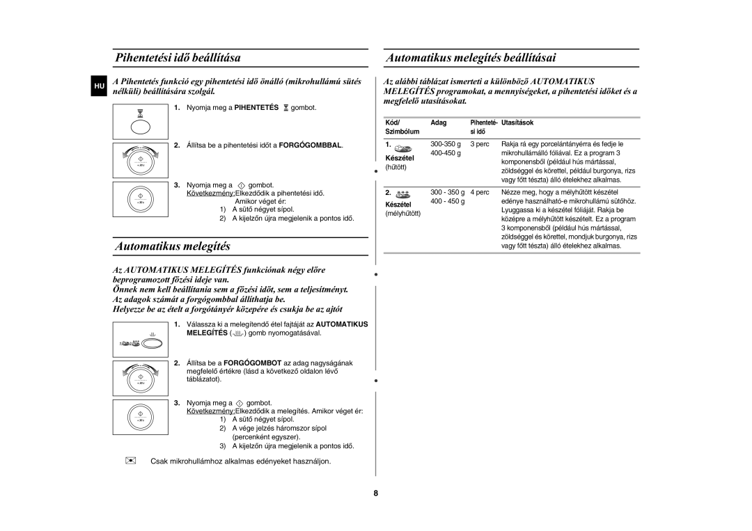 Samsung M187DN-1S/XEH manual Automatikus melegítés, Nyomja meg a Pihentetés gombot, Készétel 