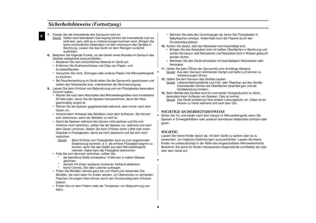 Samsung M187DN-S/XEG, M187DN/XEG manual Sicherheitshinweise Fortsetzung, Wichtige Sicherheitshinweise 