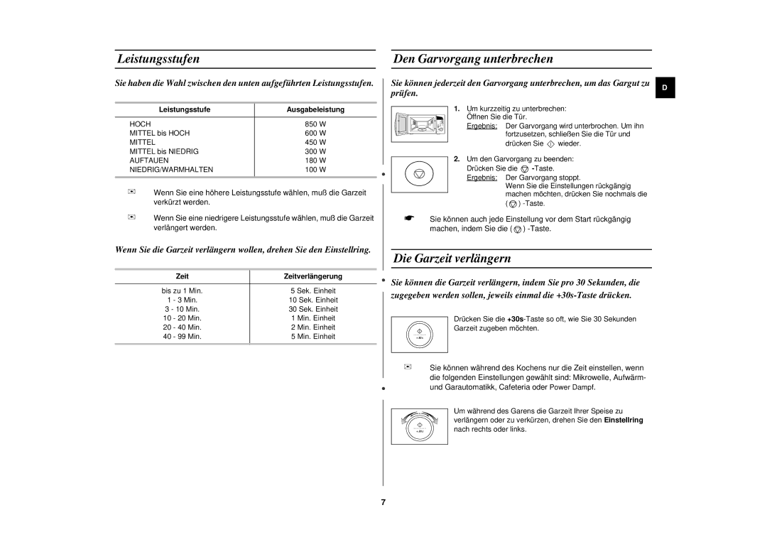 Samsung M187DN/XEG Leistungsstufen, Den Garvorgang unterbrechen, Die Garzeit verlängern, Leistungsstufe Ausgabeleistung 