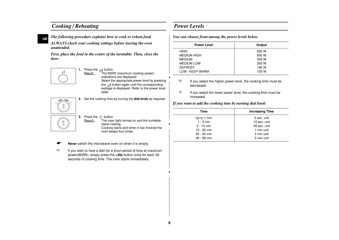 Samsung M187DN technical specifications Cooking / Reheating Power Levels, Power Level Output, Time Increasing Time 