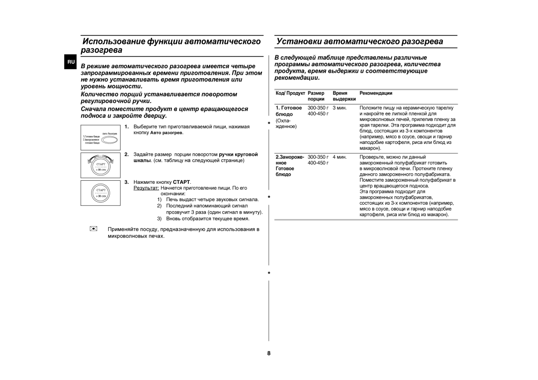 Samsung M187DNR1SD/BWT, M187DMR/SBW Использование функции автоматического разогрева, Установки автоматического разогрева 