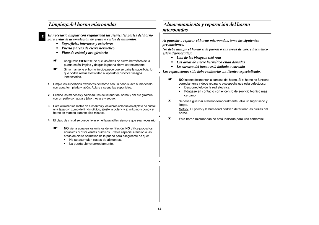 Samsung M187DN/XEC manual Limpieza del horno microondas, Almacenamiento y reparación del horno microondas 