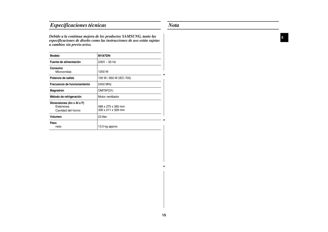 Samsung M187DN/XEC manual Especificaciones técnicas Nota 