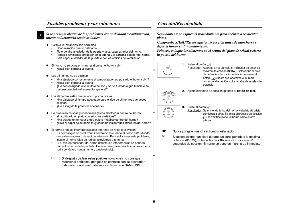 Samsung M187DN/XEC manual Posibles problemas y sus soluciones Cocción/Recalentado 