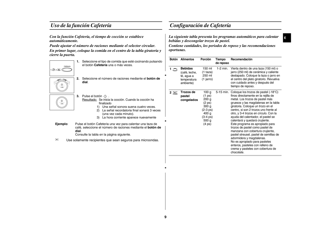 Samsung M187DN/XEC manual Uso de la función Cafetería Configuración de Cafetería, Bebidas, Trozos de, Pastel, Congelados 