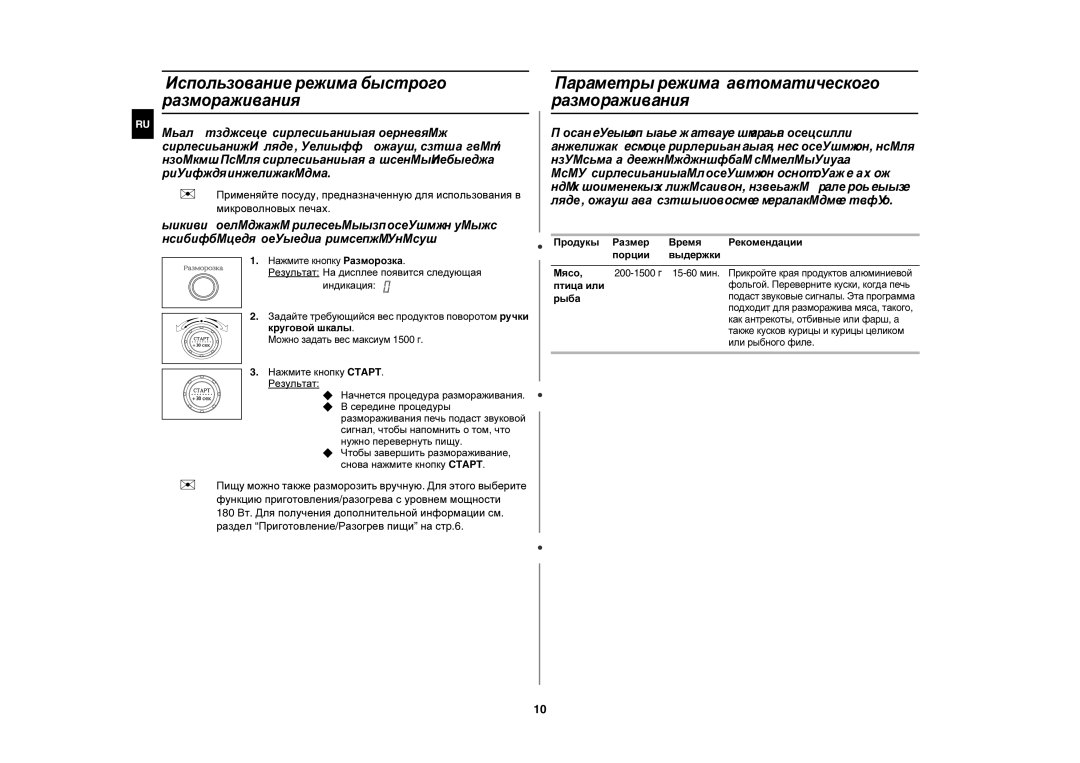 Samsung M187GNR/BWT manual Использование режима быстрого размораживания, Пaрaметры режима автоматического pазмоpаживaния 