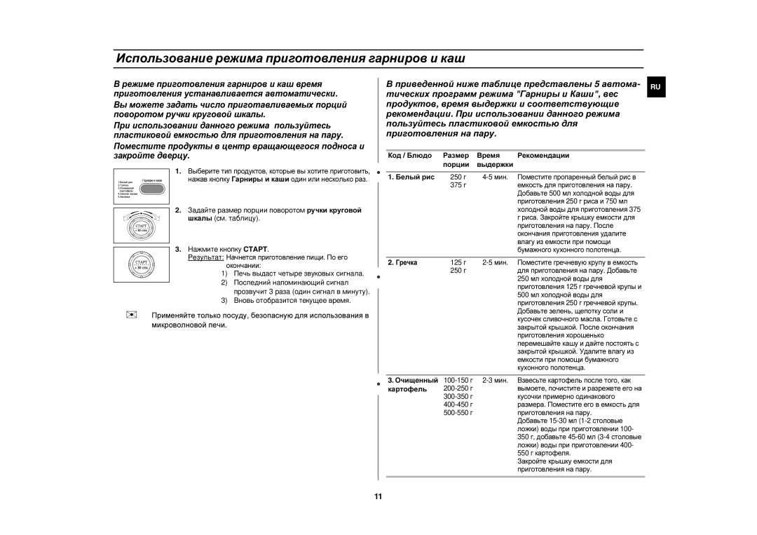 Samsung M187GNR-U/BWT, M187GNR/SBW, M187GNR/BWT manual Использование режима приготовления гарниров и каш, Картофель 