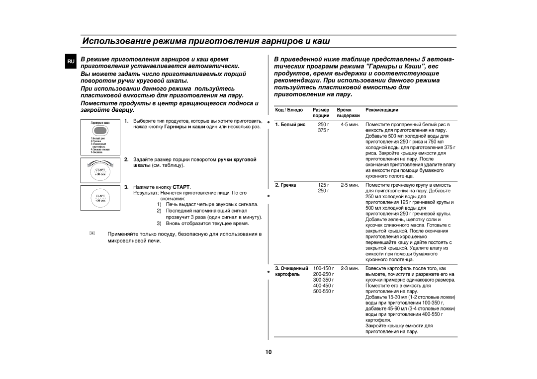 Samsung M187HNR/BWT, M187HNR/SBW, M187HNR-U/BWT manual Использование режима приготовления гарниров и каш 