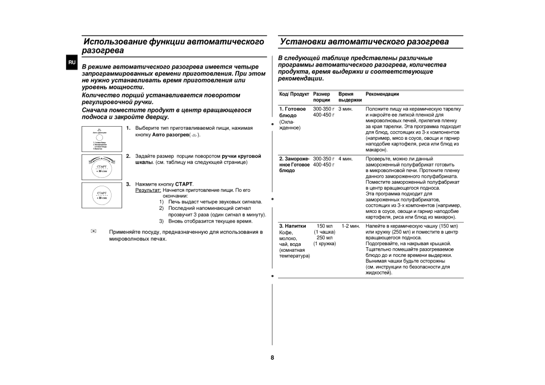 Samsung M187HNR-U/BWT, M187HNR/SBW Использование функции автоматического разогрева, Установки автоматического разогрева 