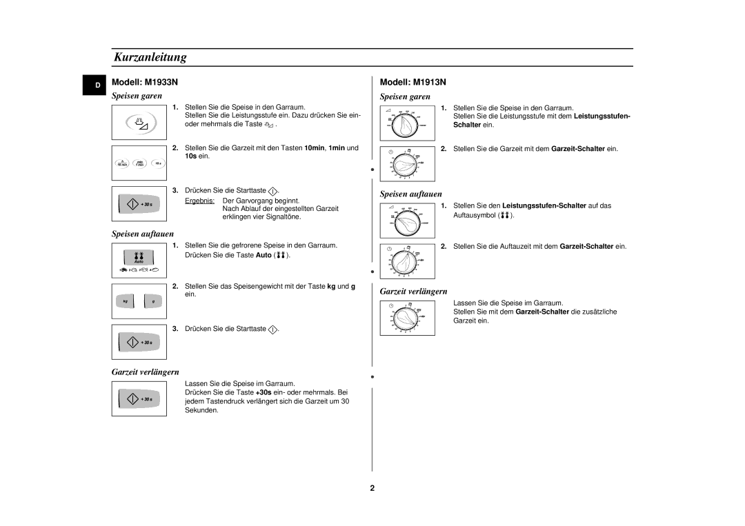 Samsung M1913N/XEG manual Kurzanleitung, Speisen garen, Speisen auftauen, Garzeit verlängern 