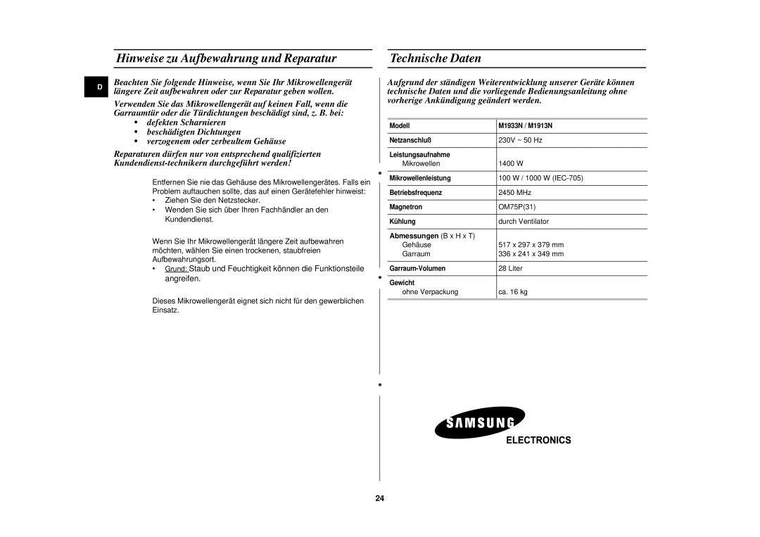 Samsung M1913N/XEG manual Hinweise zu Aufbewahrung und Reparatur, Technische Daten, Abmessungen B x H x T 