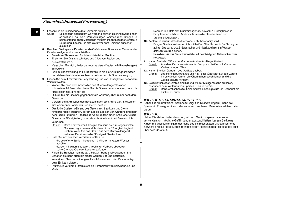 Samsung M1913N/XEG manual SicherheitshinweiseFortsetzung, Wichtige Sicherheitshinweise 