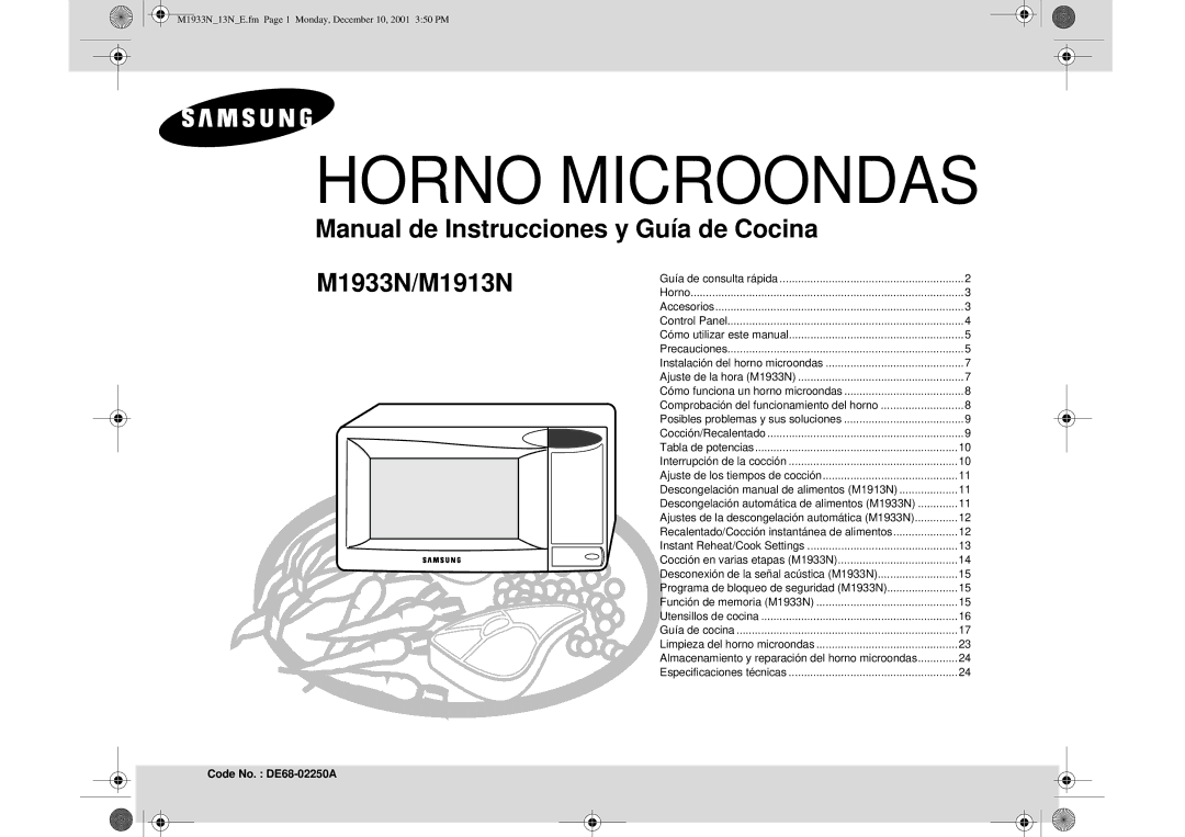 Samsung M1913-M/XEC, M1913/XEC manual Horno Microondas, Code No. DE68-02250A 