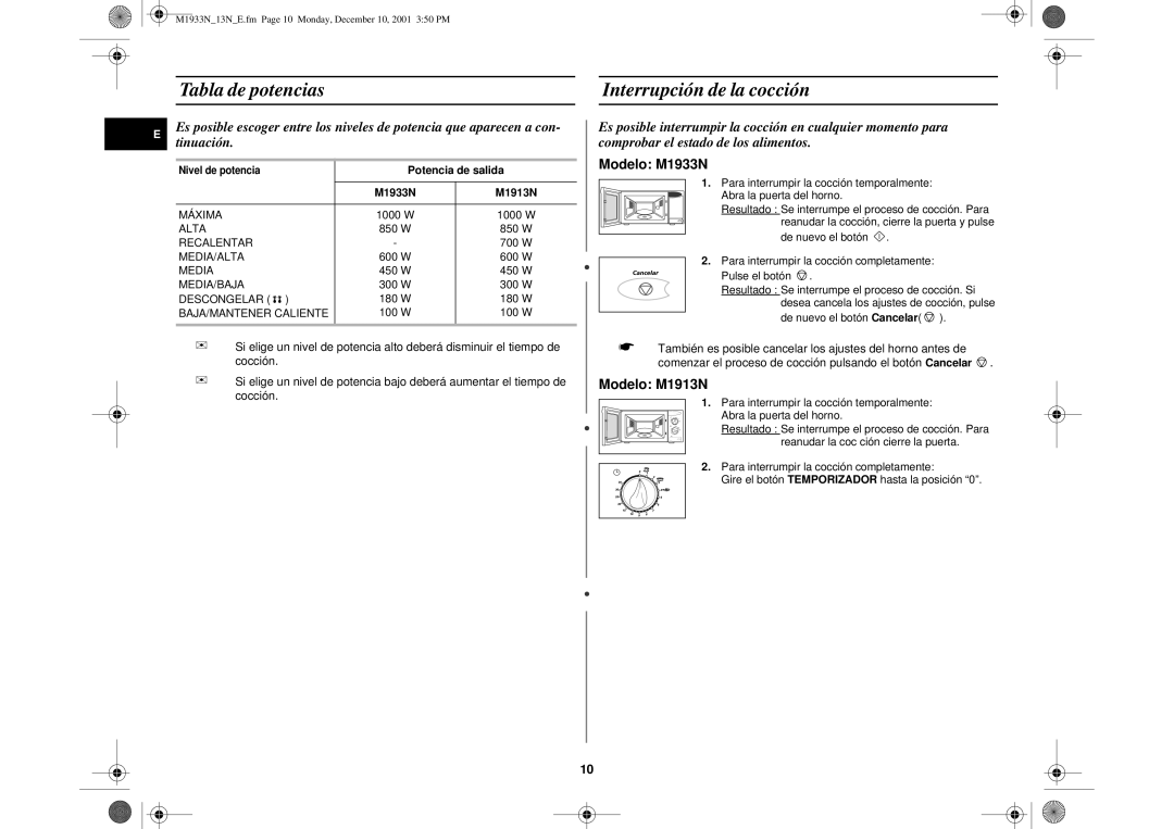 Samsung M1913/XEC, M1913-M/XEC manual Tabla de potencias Interrupción de la cocción, Potencia de salida 