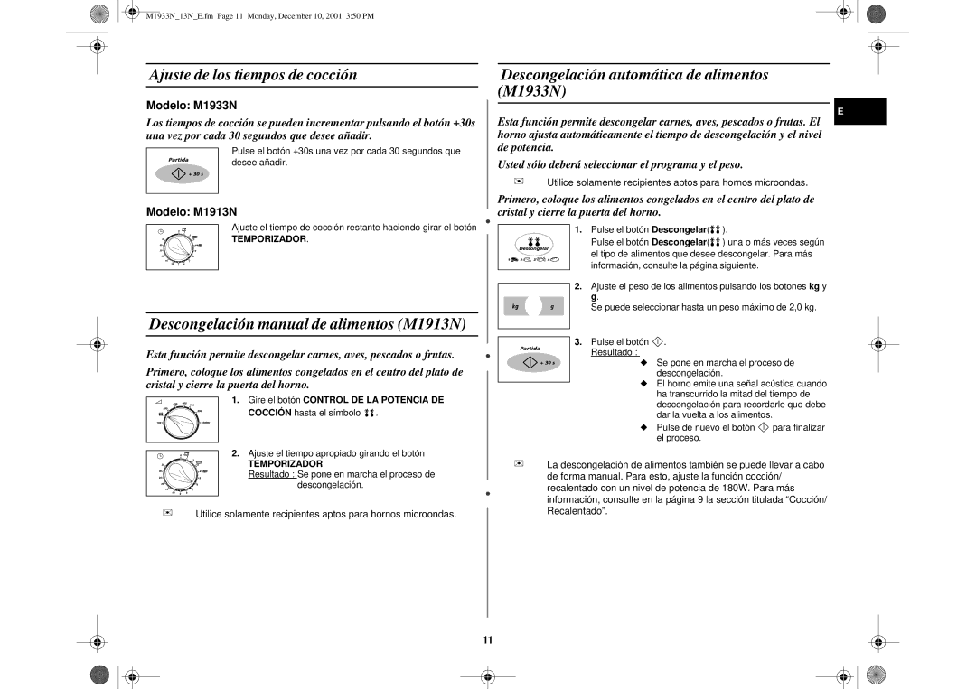 Samsung M1913-M/XEC, M1913/XEC manual Ajuste de los tiempos de cocción, Descongelación automática de alimentos M1933N 