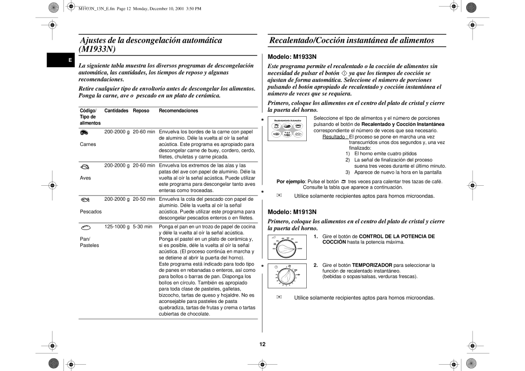 Samsung M1913/XEC manual Ajustes de la descongelación automática M1933N, Recalentado/Cocción instantánea de alimentos 