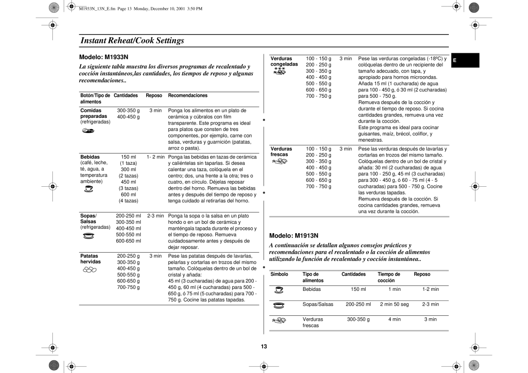 Samsung M1913-M/XEC, M1913/XEC manual Instant Reheat/Cook Settings 