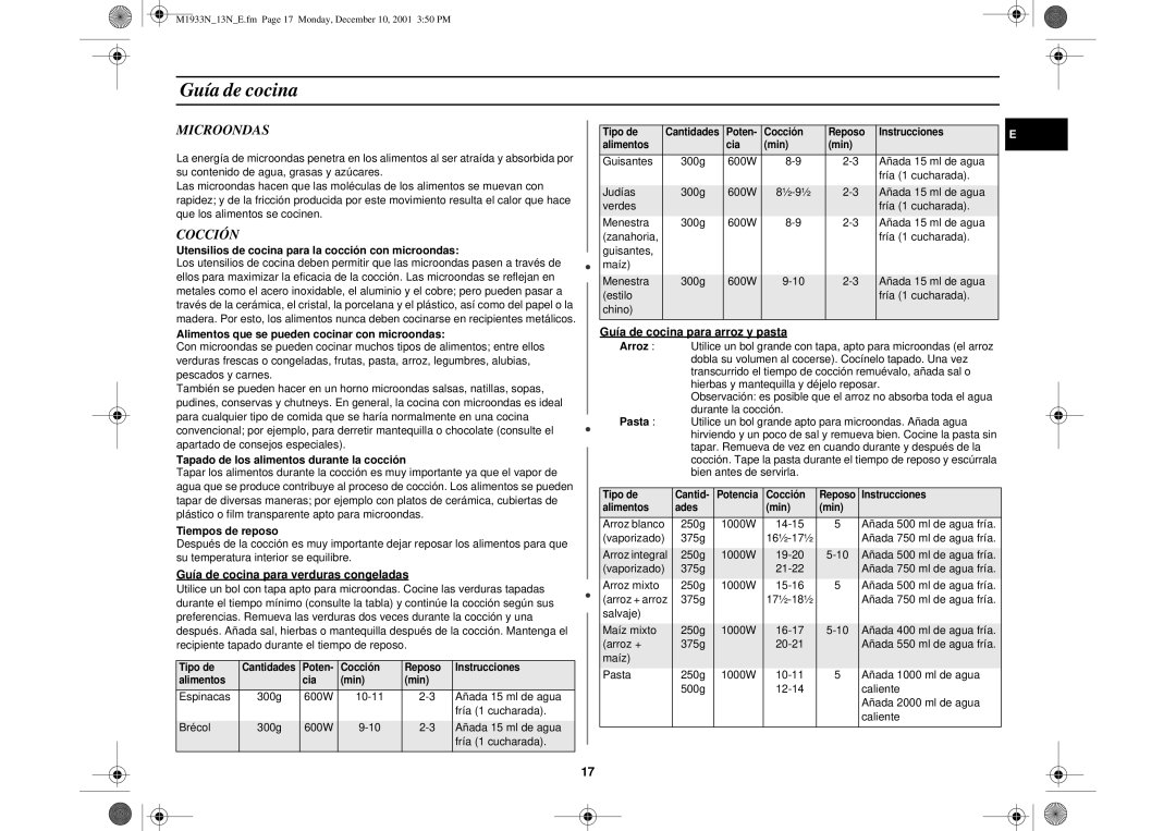 Samsung M1913-M/XEC, M1913/XEC manual Guía de cocina, Microondas, Cocción 