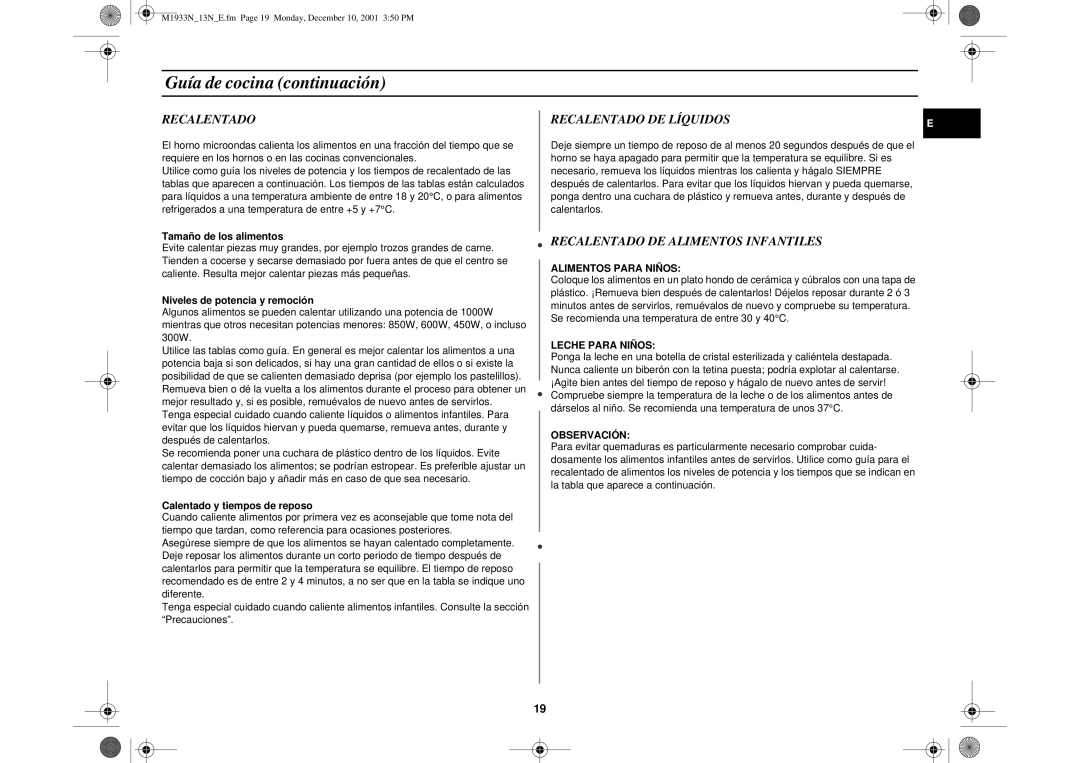 Samsung M1913-M/XEC manual Recalentado DE Alimentos Infantiles, Tamaño de los alimentos, Niveles de potencia y remoción 