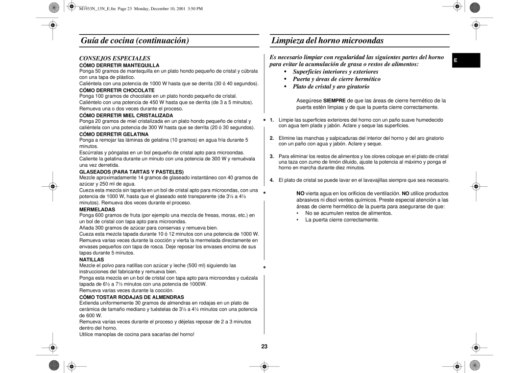 Samsung M1913-M/XEC, M1913/XEC manual Guía de cocina continuación Limpieza del horno microondas, Consejos Especiales 