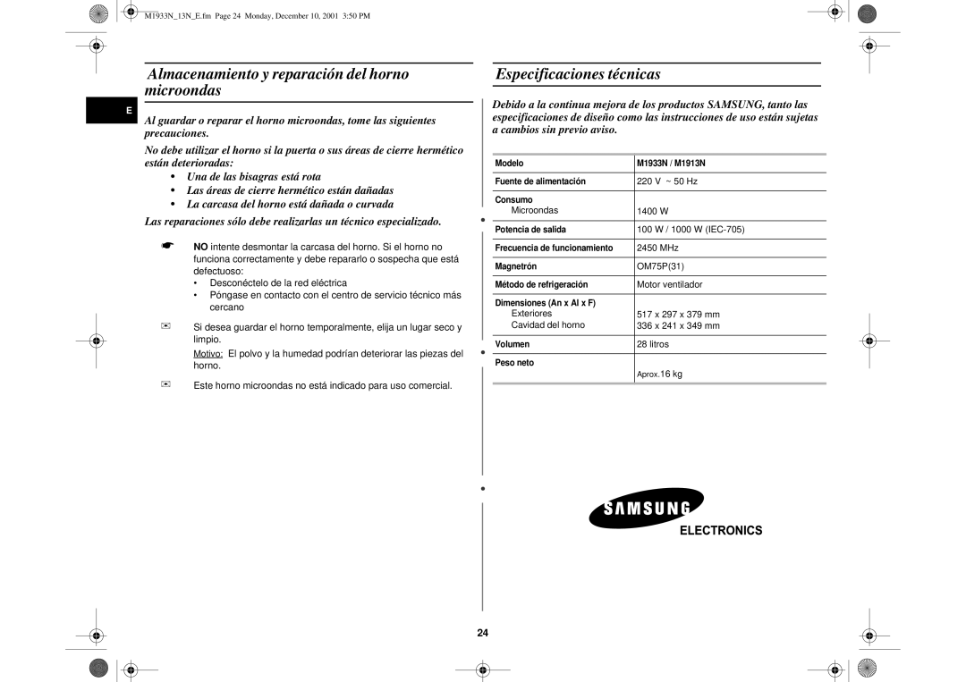 Samsung M1913/XEC, M1913-M/XEC manual Almacenamiento y reparación del horno microondas, Especificaciones técnicas 