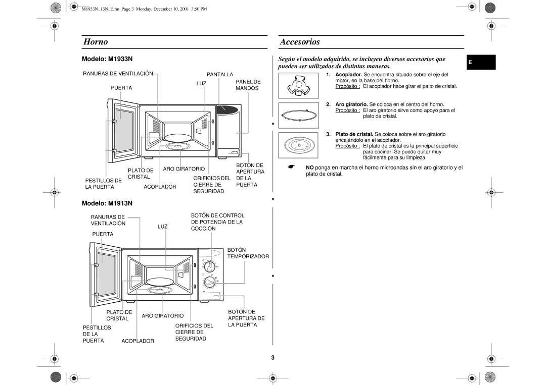 Samsung M1913-M/XEC, M1913/XEC manual Horno, Accesorios 