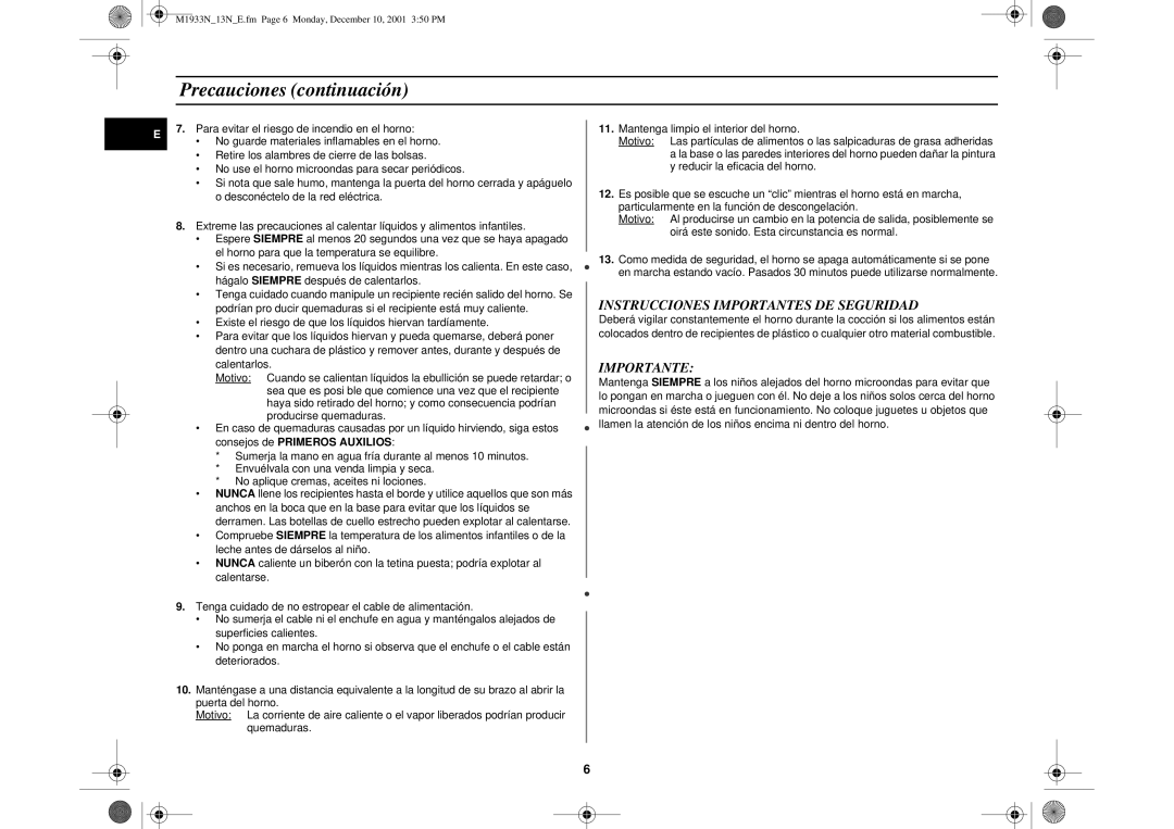 Samsung M1913/XEC, M1913-M/XEC manual Precauciones continuación, Instrucciones Importantes DE Seguridad 