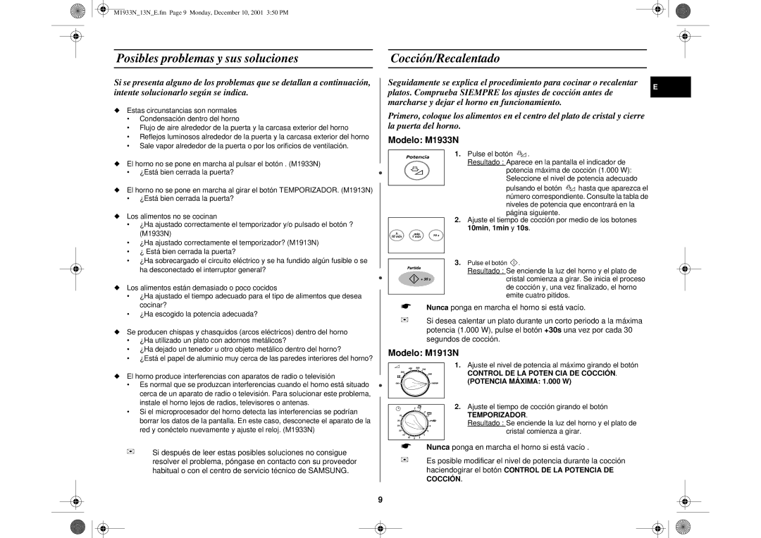 Samsung M1913-M/XEC, M1913/XEC manual Posibles problemas y sus soluciones Cocción/Recalentado 