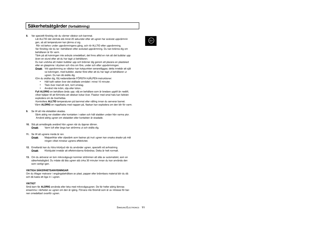 Samsung M1974, M1914 manual Säkerhetsåtgärder fortsättning, Viktiga Säkerhetsanvisningar 