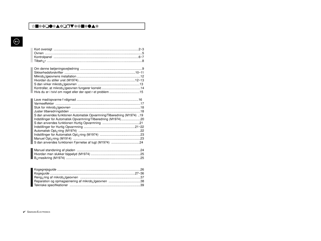 Samsung M1914, M1974 manual Indholdsfortegnelse 