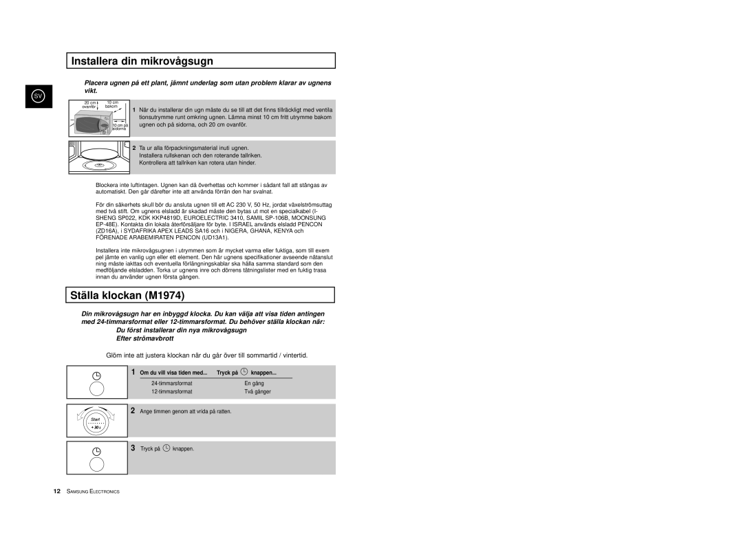 Samsung M1914 manual Installera din mikrovågsugn, Ställa klockan M1974, Om du vill visa tiden med Tryck på Knappen 