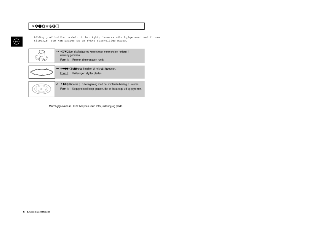 Samsung M1914, M1974 manual Tilbehør, som kan bruges på en række forskellige måder, Formål Rotoren drejer pladen rundt 