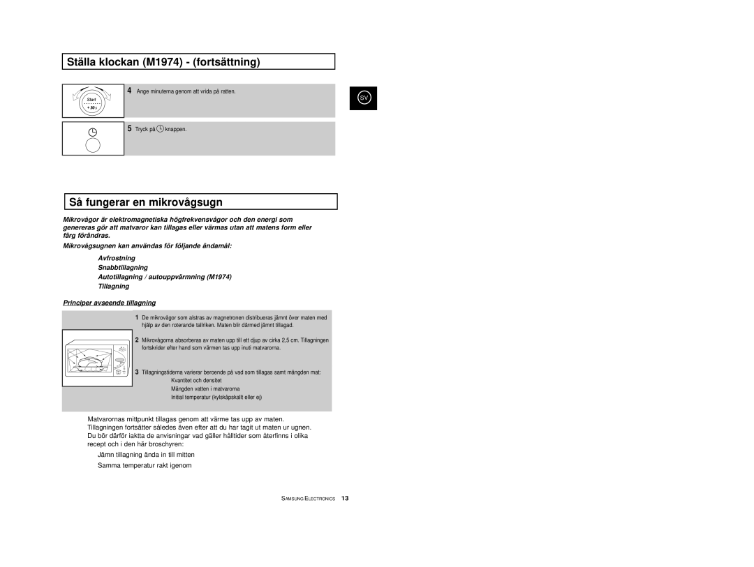 Samsung M1914 manual Ställa klockan M1974 fortsättning, Så fungerar en mikrovågsugn 